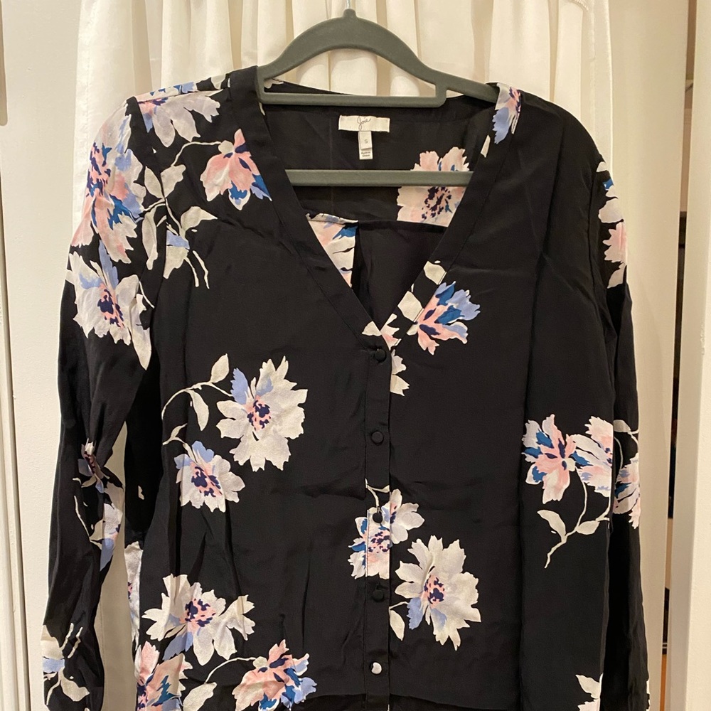 Joie Black Floral Silk Button Blouse S